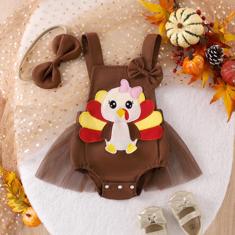 Amnnchya Baby Girl Thanksgiving Outfit Pumpkin Turkey Costumes Sleeveless Tulle Romper Newborn Halloween Outfit Girl (Brown  3-6 Months) - Image 2